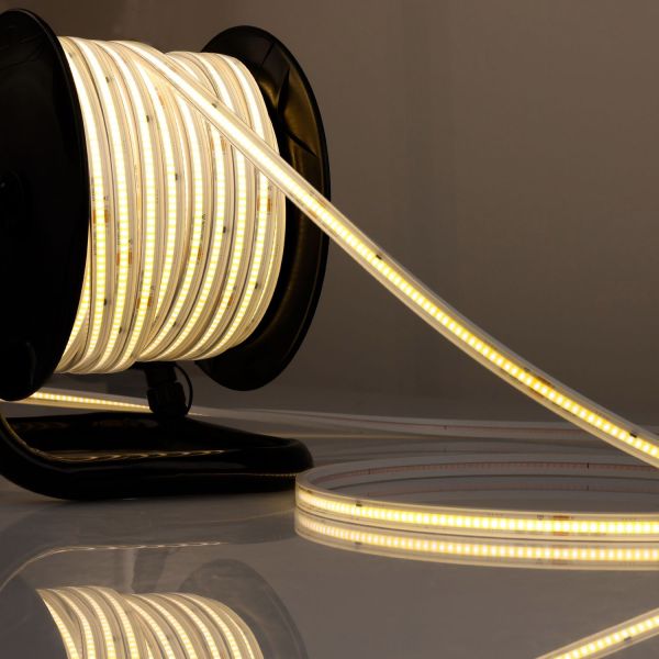 ISOLED LED Flexband 230V COB, 12W/m, 15m Rolle auf Kabeltrommel, 3000K, CRI80, IP67, male/female