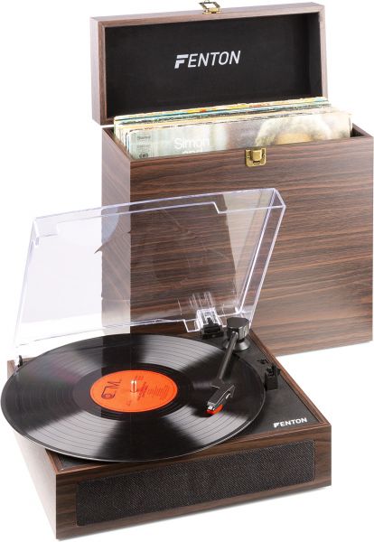 Fenton RP170D Plattenspieler mit Aufbewahrungskoffer für Schallplatten aus dunklem Holz