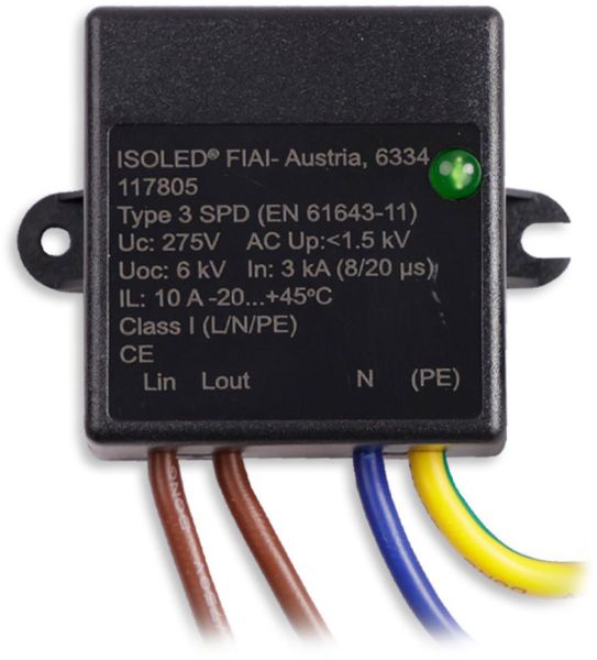 ISOLED Überspannungs-/Feinschutz Typ 3, 10A und EMV-X2-Filter für Schutzklasse I (L/N/PE)