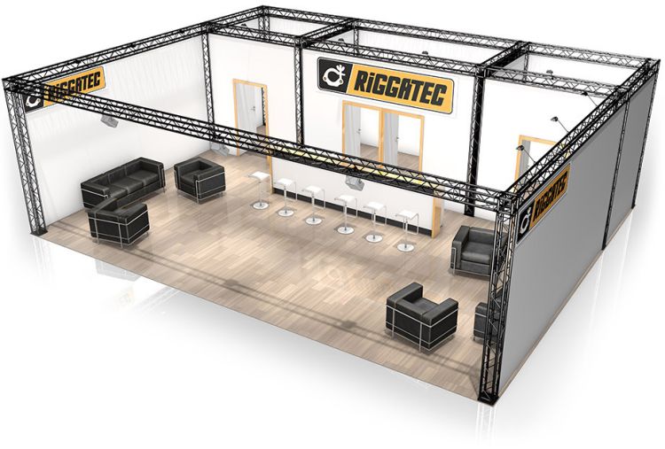 Messestand FD 24 - 10 x 8 x 3,22 m (LxBxH) - 80 m² RAL9005 - Schwarz - Seidenmatt