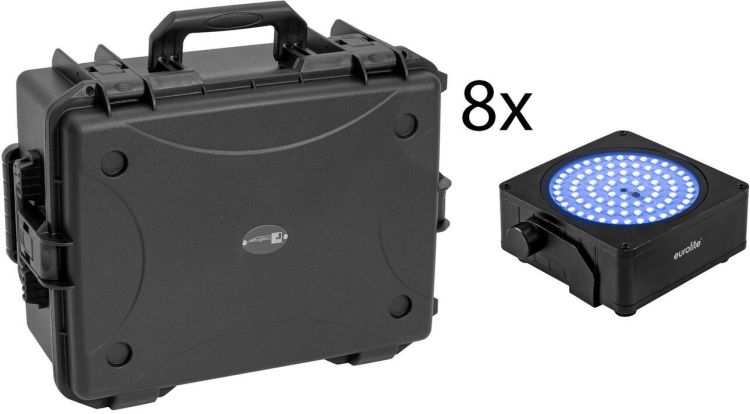EUROLITE Set 8x AKKU IP Flat Light SMD sw + Kunststoffcase mit Trolley