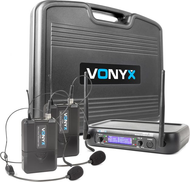 Vonyx WM73H 2-Kanal UHF Drahtlos-Mikrofonsystem mit 2x Bodypacks und Display
