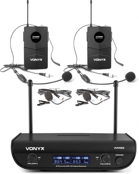Vonyx WM82B Digitales UHF 2-Kanal Drahtlos-Mikrofonset mit 2 Bodypacks