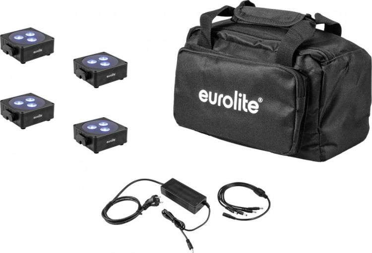 EUROLITE Set 4x AKKU Flat Light 3 sw + Ladenetzteil + Soft-Bag