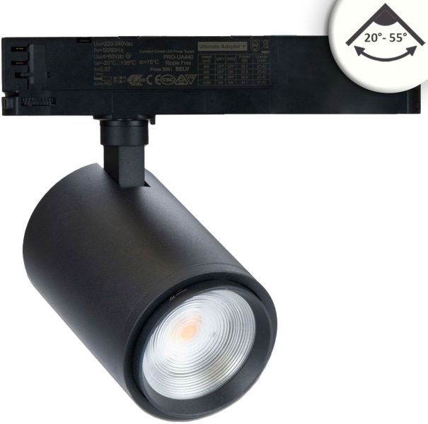 ISOLED 3-Phasen Schienen-Strahler fokussierbar, 42W, 20°-70°, schwarz matt, 4000K, CRI92, dimmbar