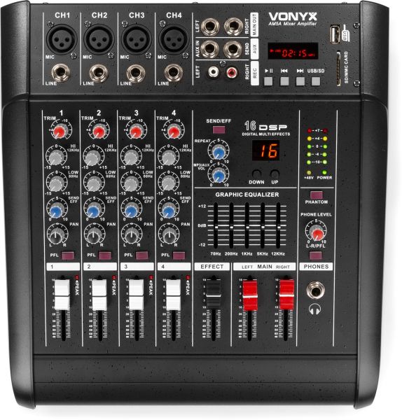Vonyx AM5A 5-Kanal-Mischpult mit Verstärker DSP/BT/SD/USB/MP3