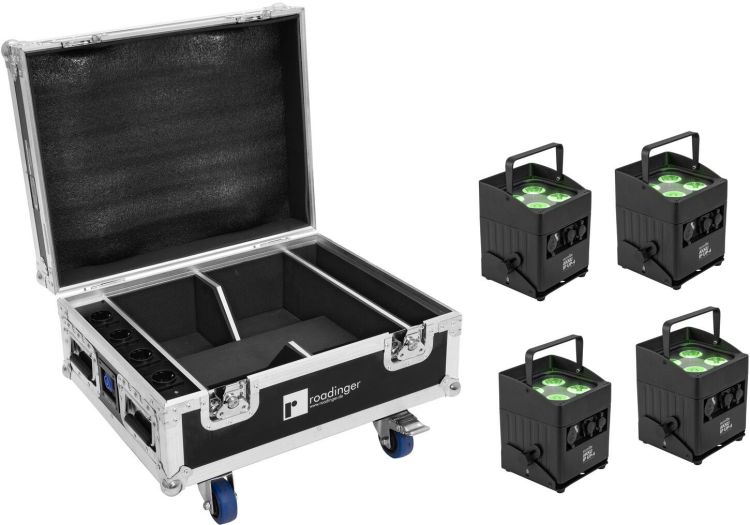 EUROLITE Set 4x AKKU IP UP-4 QCL Spot QuickDMX MK2 + Flightcase mit Rollen und Ladefunktion