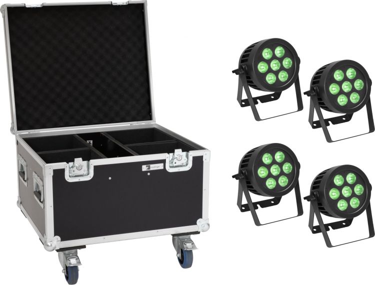 EUROLITE Set 4x LED IP PAR 7x9W SCL Spot + Case mit Rollen