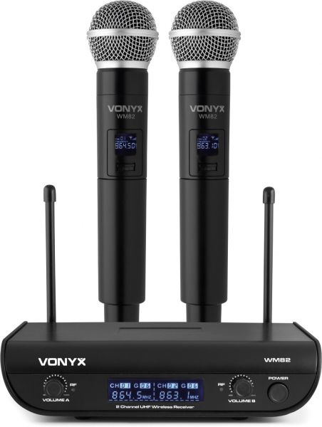 Vonyx WM82 Digitales UHF 2-Kanal-Drahtlos-Mikrofonset mit 2 Handhelds