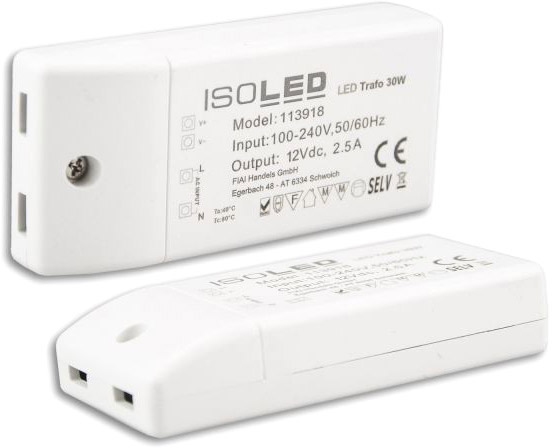 ISOLED LED transformer 12V/DC, 0-30W, compact, SELV