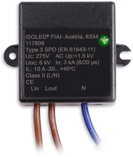 ISOLED Überspannungs-/Feinschutz Typ 3, 10A und EMV-X2-Filter für Schutzklasse II (L/N)