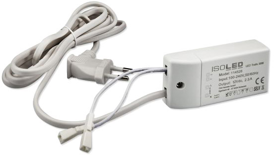 LED Transform. MiniAMP 12V/DC, 0-30W, câble de 200cm avec prise plate, 2  prises féminin. secondaires