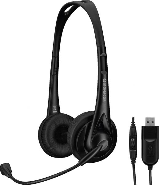 MONACOR BH-010USB Professioneller Stereo-Kopfhörer mit Elektret-Bügelmikrofon