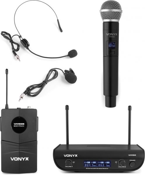 Vonyx WM82C Digitales UHF 2-Kanal Drahtlos-Mikrofonset mit Hand- und Taschensender