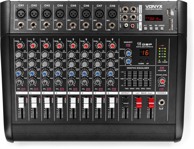 Vonyx AM8A 8-Kanal-Mischpult mit Verstärker DSP/BT/SD/USB/MP3
