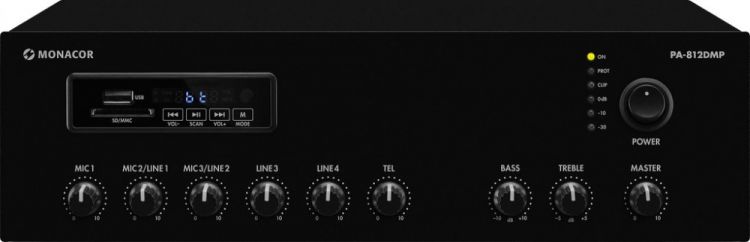 MONACOR PA-812DMP ELA-Mono-Mischverstärker, MP3, USB/SD, FM, BT, 120 W