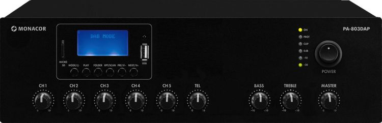 MONACOR PA-803DAP ELA-Mono-Class-D-Mischverstärker, MP3, USB/SD, FM, DAB+, BT, 30 W