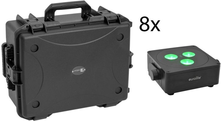 EUROLITE Set 8x AKKU IP Flat Light 3 sw + Kunststoffcase mit Trolley