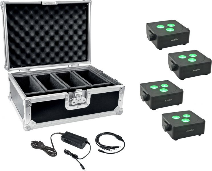EUROLITE Set 4x AKKU IP Flat Light 3 sw + Ladenetzteil + Case