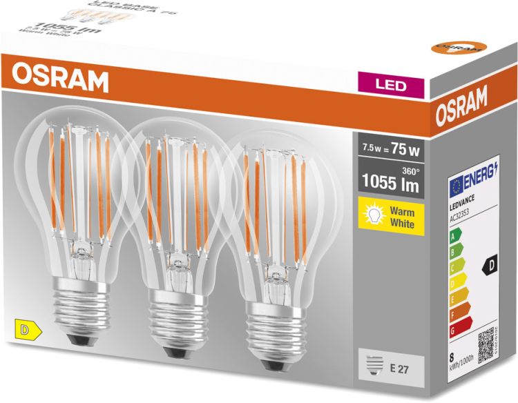 OSRAM LED BASE CLASSIC A Lampe klar (ex 75W) 7,5W / 2700K  3er Set