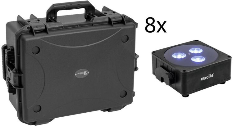 EUROLITE Set 8x AKKU Flat Light 3 sw + Kunststoffcase mit Trolley