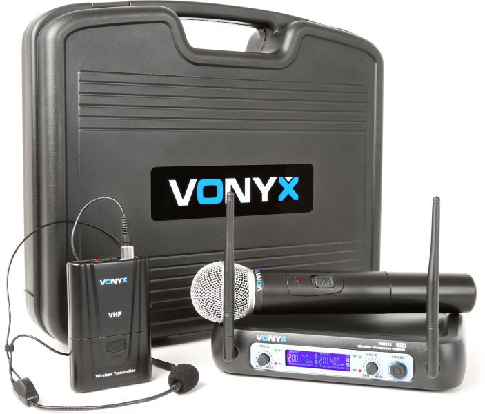 Vonyx WM512C 2-Kanal-VHF-Drahtlos-Mikrofonsystem-Kombi mit Handgerät, Taschensender und Display